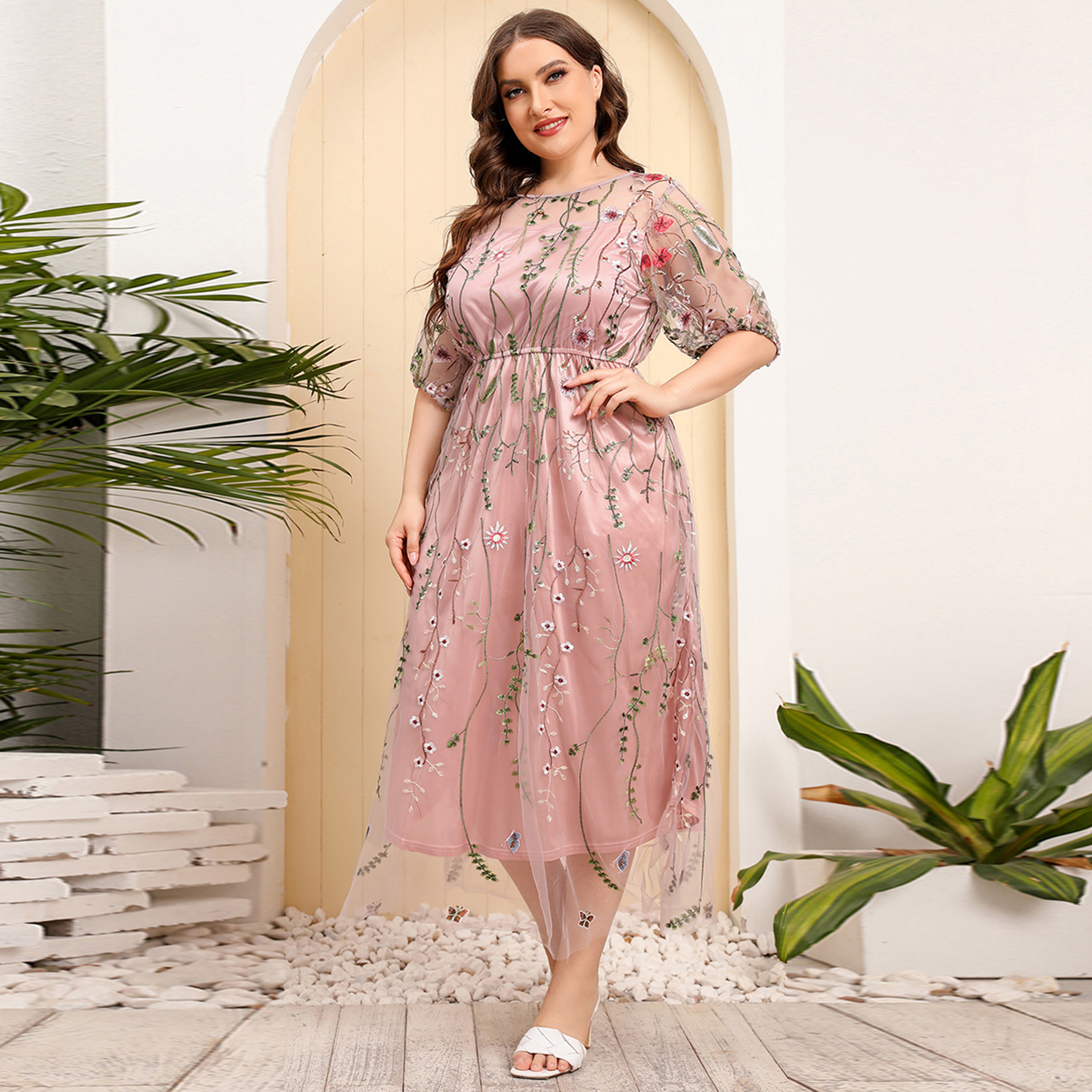 OBEEII Womens Summer Short Sleeve Tulle Dress Plus Size Wedding Guest Dress Floral Embroidery Mesh Swing Midi Party Dress XL Pink